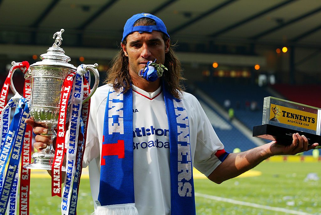 Winning goalscorer Lorenzo Amoruso of Rangers celebrates victory