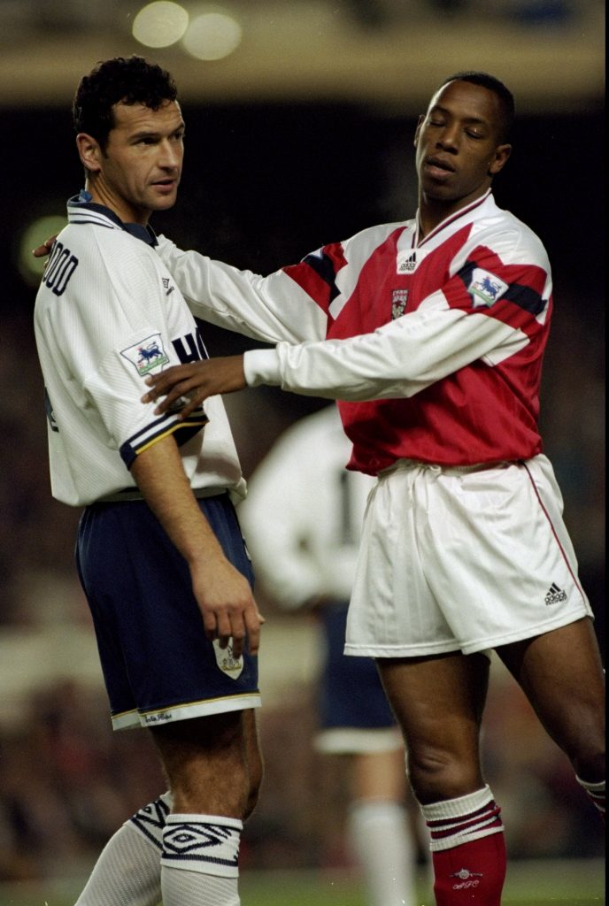 Colin Calderwood of Tottenham Hotspur and Ian Wright of Arsenal