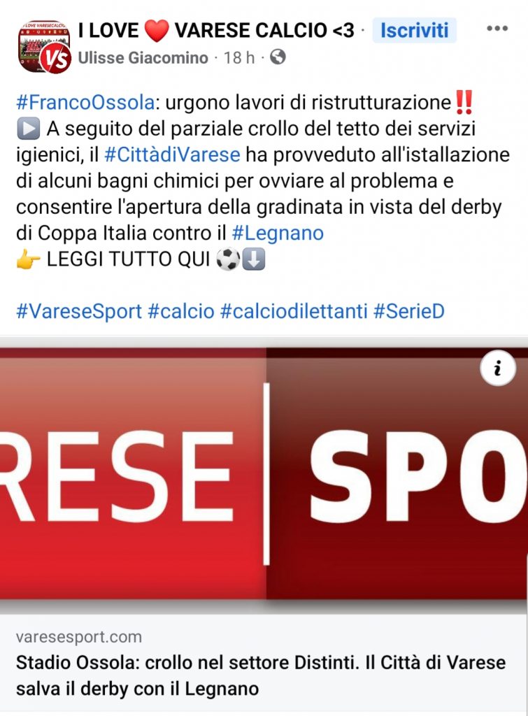 VARESE PROBLEMI ALLO STADIO