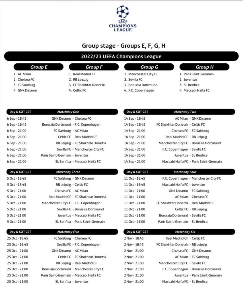 CALENDARIO CHAMPIONS LEAGUE