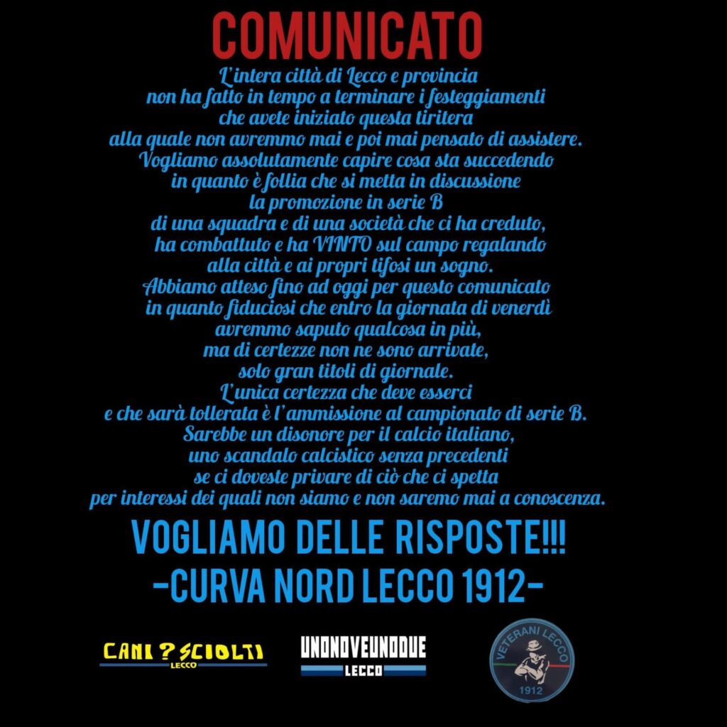 comunicato-tifosi-iscrizione-serie-b-calcio-lecco-2023
