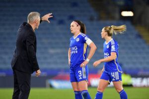 leicester-england-leicester-city-women-manager-willie-kirk-with-sam-tierney-of-leicester-city