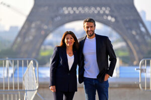 The Olympic Rings are displayed on the Eiffel Tower - 50 days before the opening of the Olympic Games