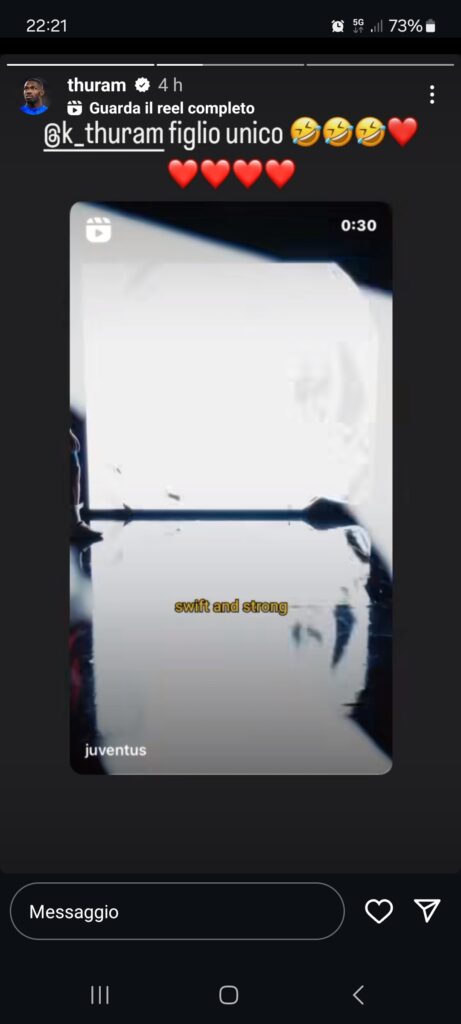 La storia Instagram dell'attaccante dell'Inter Marcus Thuram dopo la presentazione di suo fratello Khephren alla Juve