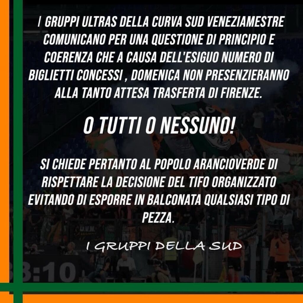 Venezia, la Curva Sud non va a Firenze: "O tutti o nessuno"