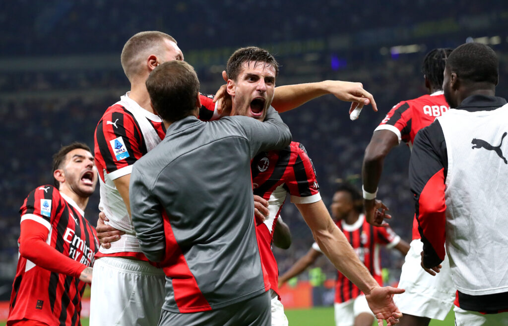 Gabbia (Milan) festeggia il gol vittoria nel derby con l'Inter