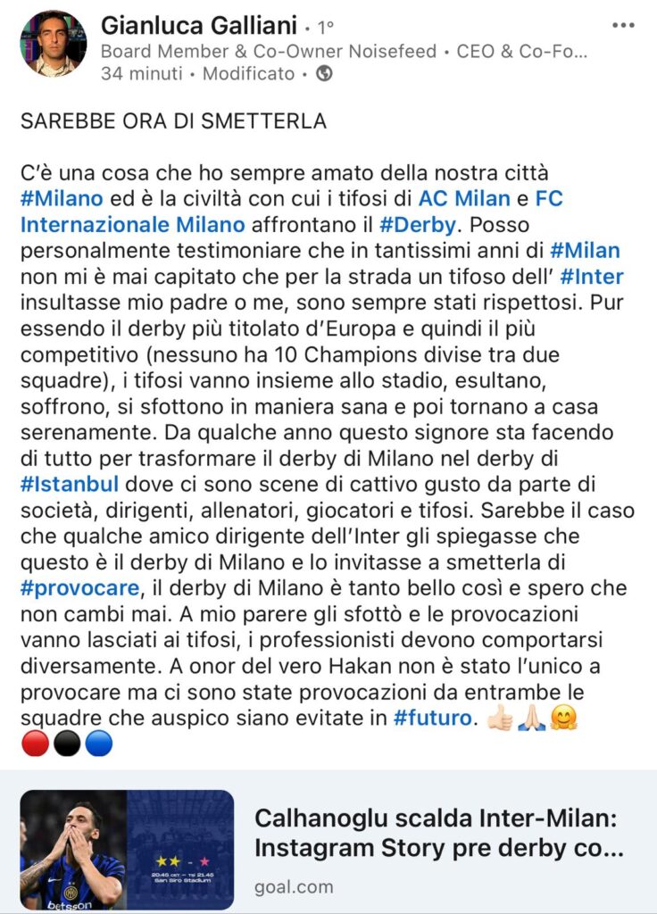 Gianluca Galliani: "Smettetela con le provocazioni nel derby di Milano"