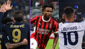 Esultanza di Vlahovic (Juventus), Chukwueze (Milan) e Lautaro Martinez (Inter)