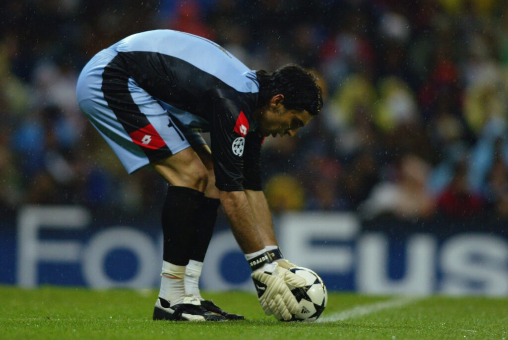 Gianluigi Buffon of Juventus places the ball for a goal kick
