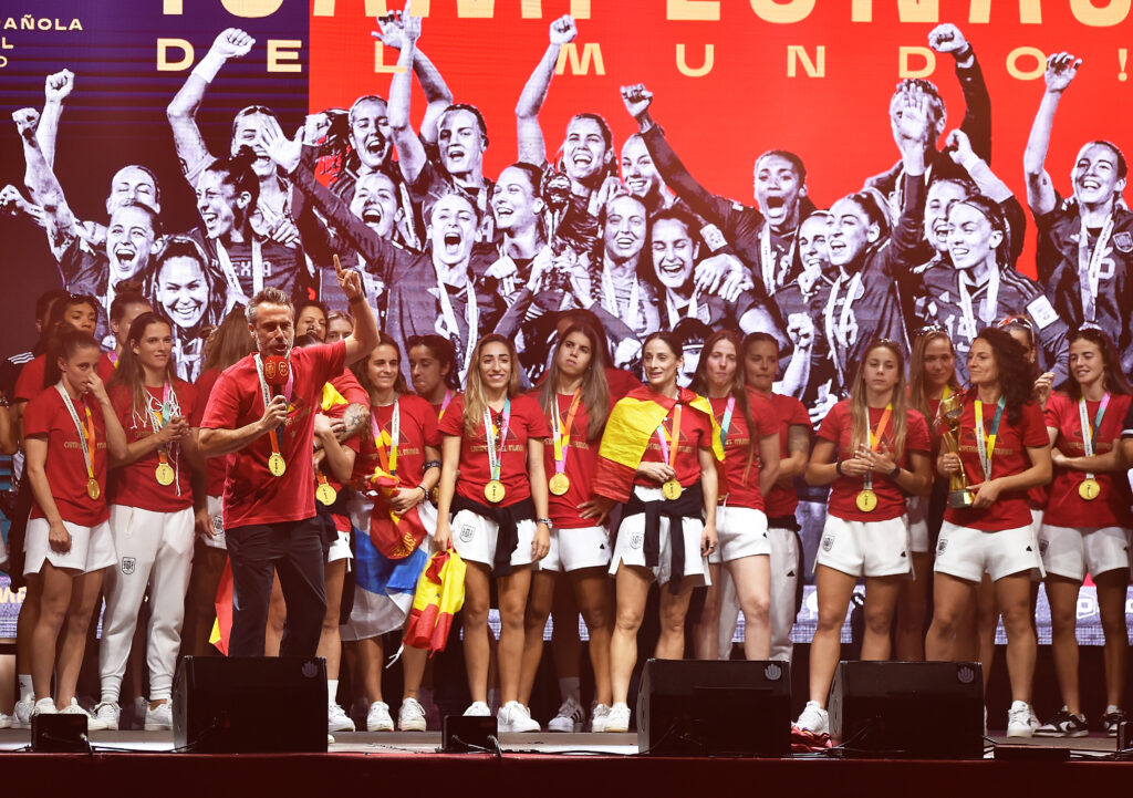 Spain Lift The FIFA Women's World Cup Trophy In Victory Celebration For Fans
