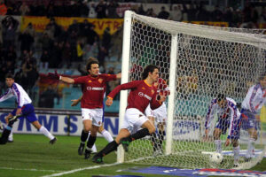 Marco Delvecchio of Roma celebrates scoring