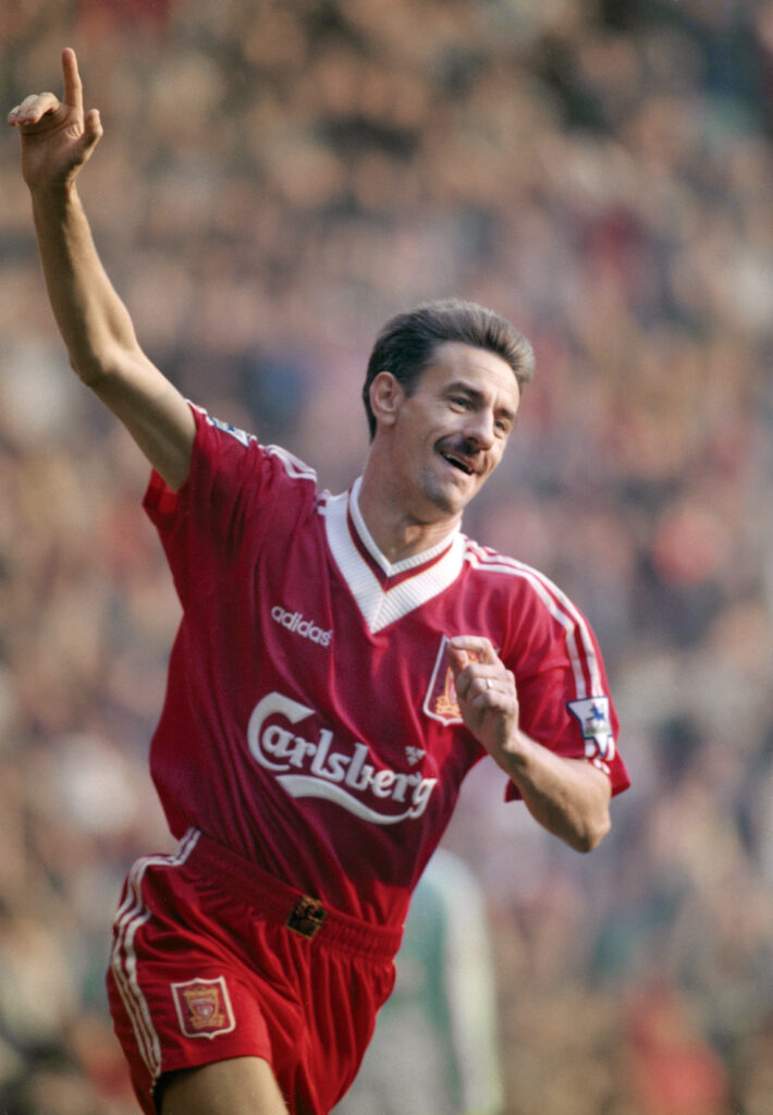 Ian Rush of Liverpool celebrates a goal Premier League 1995