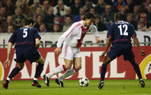 Zlatan Ibrahimovic of Ajax and Martin Keown and Lauren of Arsenal