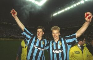 Dennis Bergkamp and Wim Jonk of Inter Milan