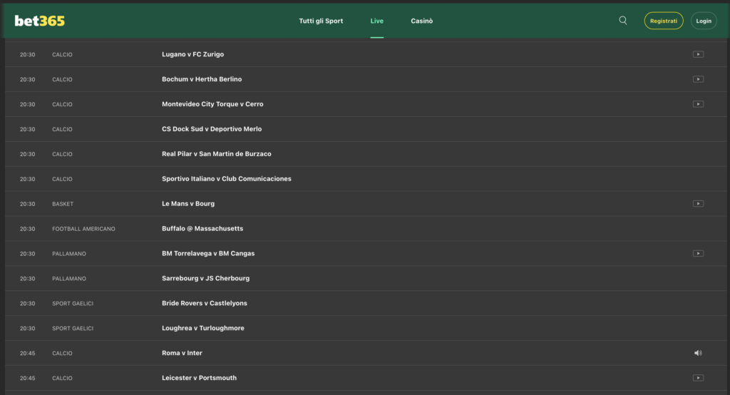 Calendario streaming Bet365