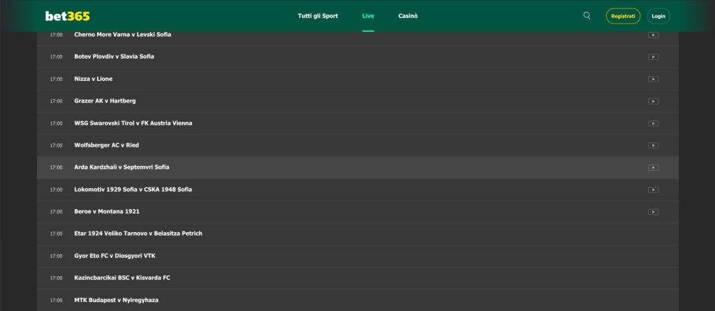 Palinsesto Bet365 - 18 ottobre