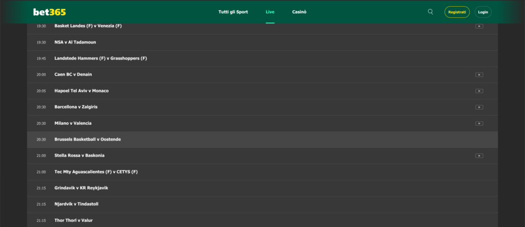 Palinsesto Bet365 - 23 ottobre