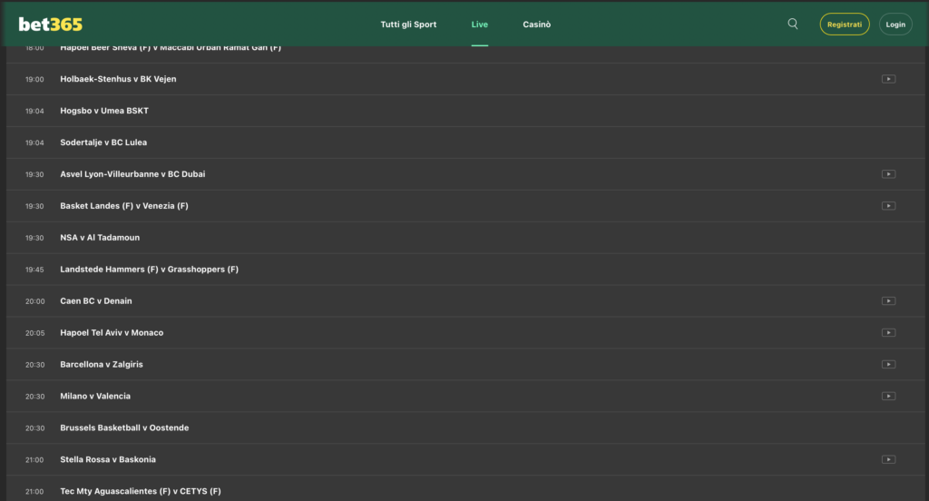 Calendario live Bet365