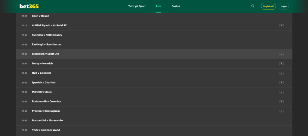 Palinsesto Bet365 - 21 ottobre