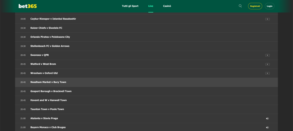 Palinsesto Bet365 - 22 ottobre