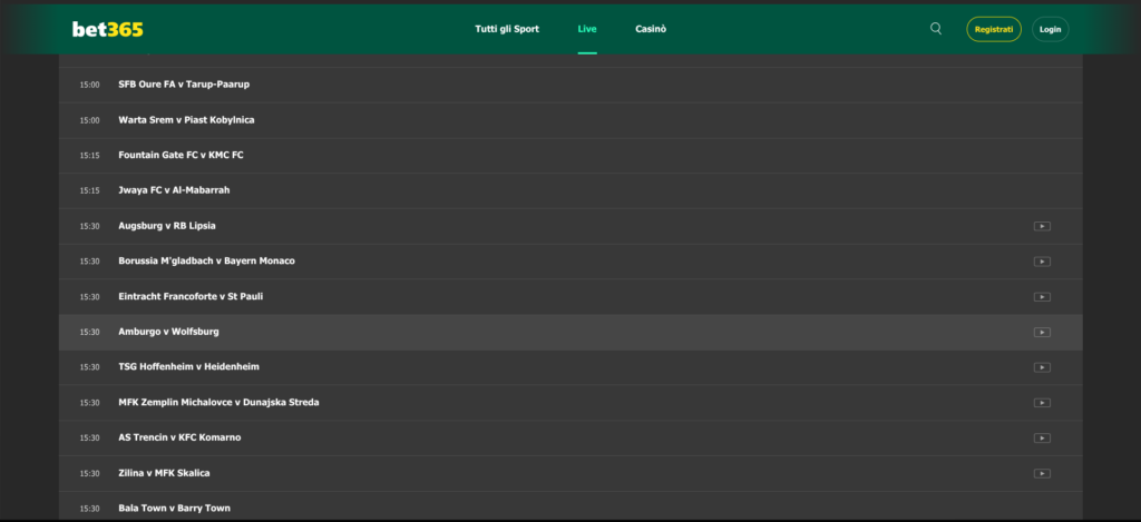 Palinsesto Bet365 - 25 ottobre