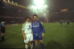 Gianfranco Zola of Parma and Alessandro Del Piero of Juventus